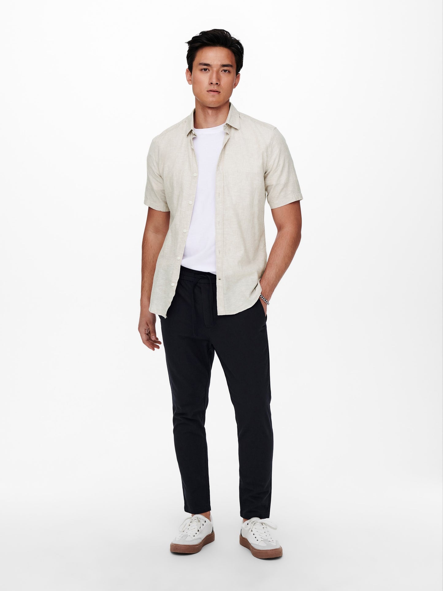 CAMICIA MANICHE CORTE IN MISTO LINO - col. Beige