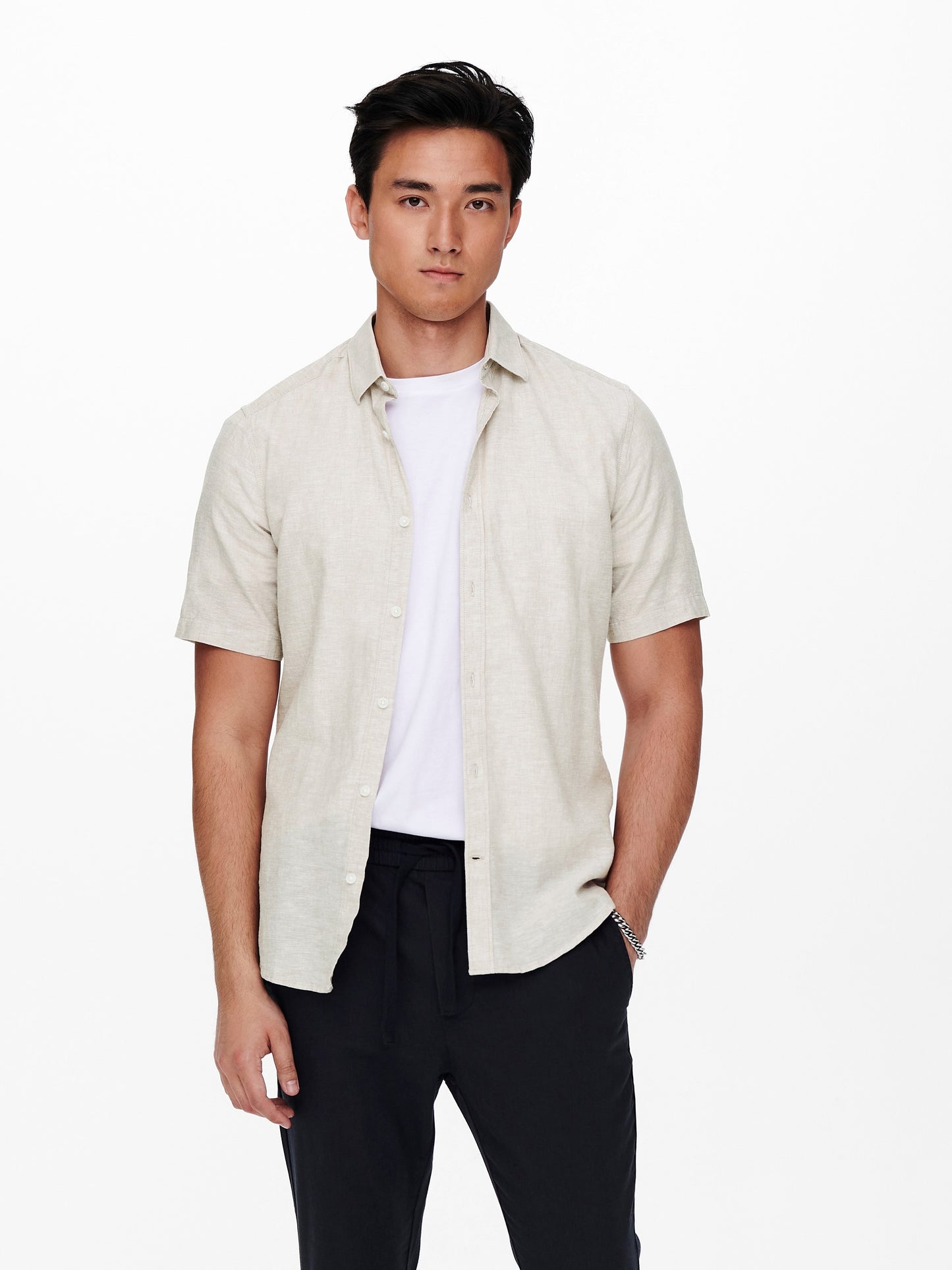 CAMICIA MANICHE CORTE IN MISTO LINO - col. Beige