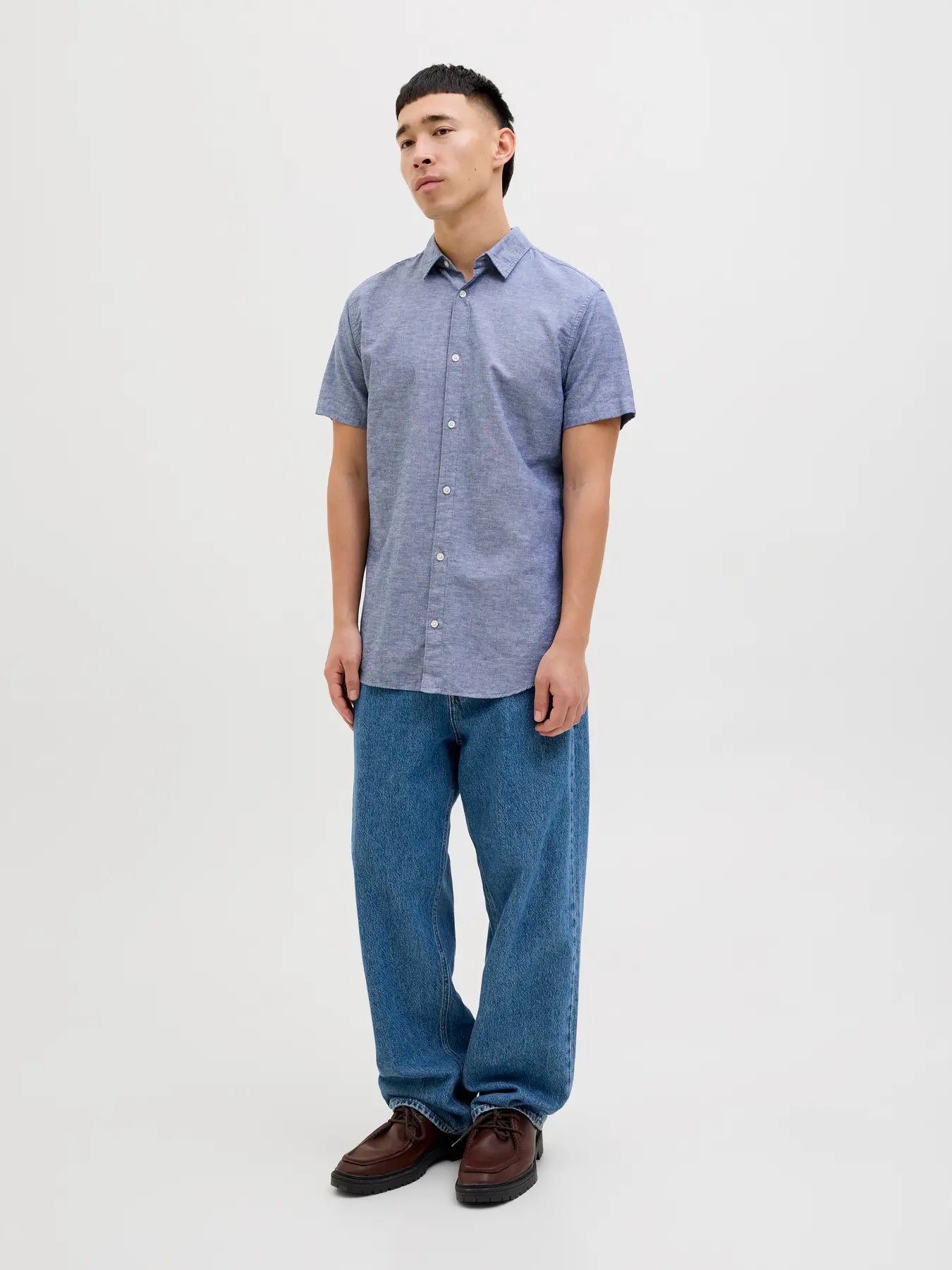 JACK & JONES CAMICIA MANICHE CORTE IN MISTO LINO - col. Denim