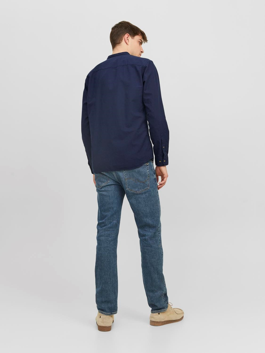 CAMICIA IN MISTO LINO CON COLLO COREANA - Dark Navy