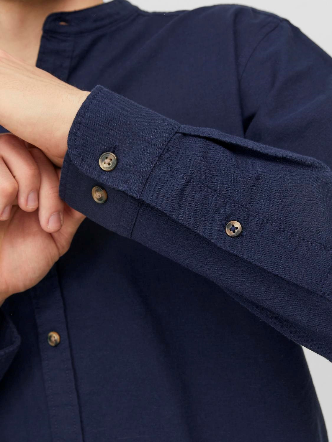 CAMICIA IN MISTO LINO CON COLLO COREANA - Dark Navy