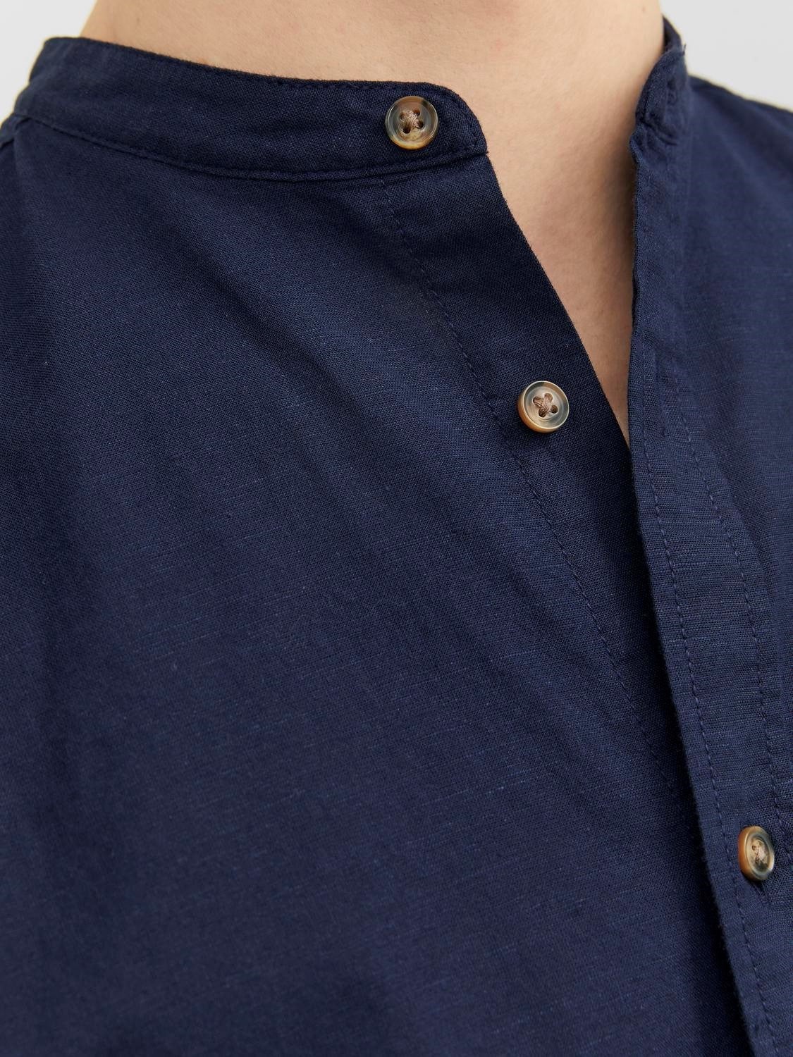 CAMICIA IN MISTO LINO CON COLLO COREANA - Dark Navy