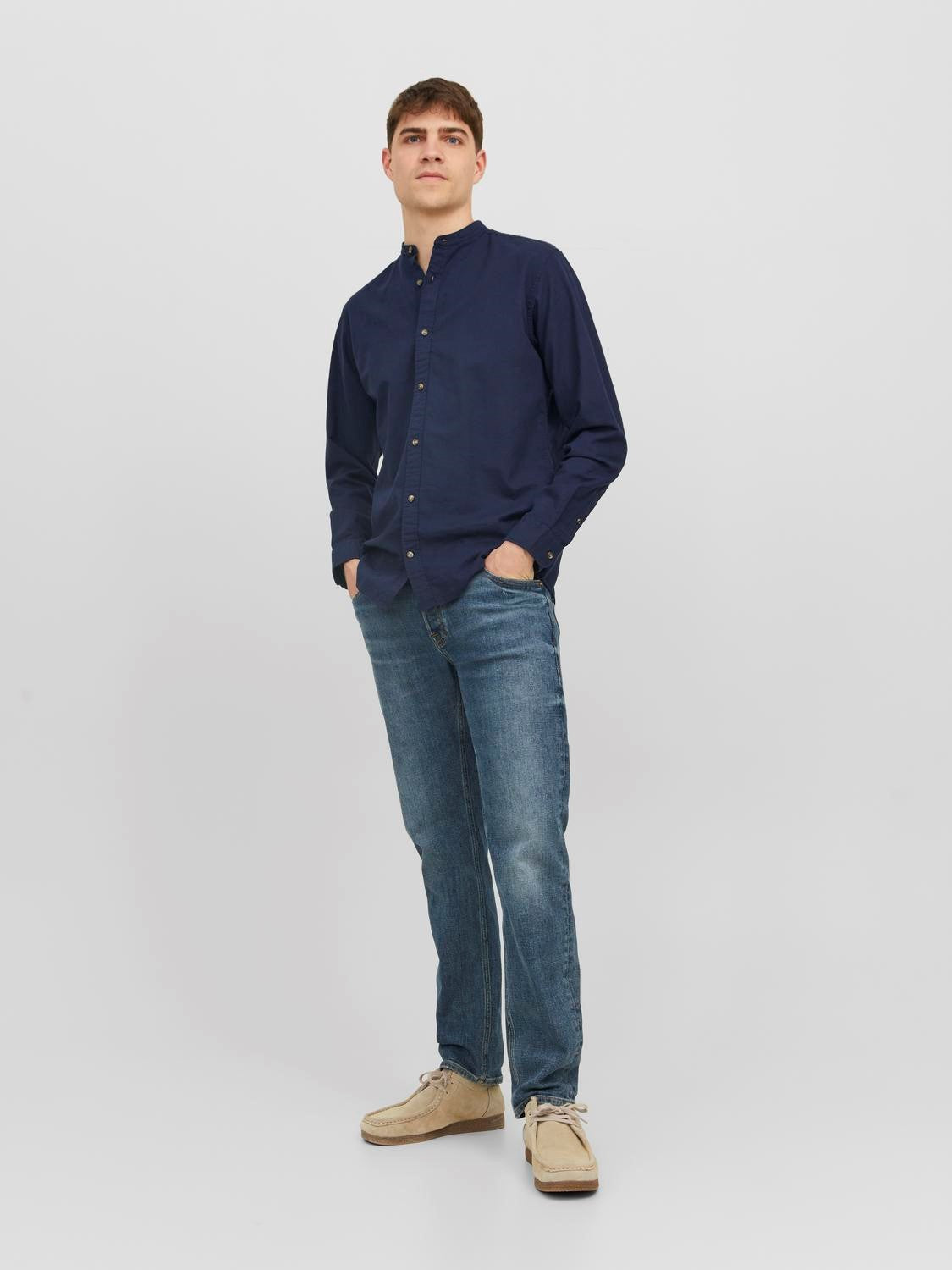 CAMICIA IN MISTO LINO CON COLLO COREANA - Dark Navy