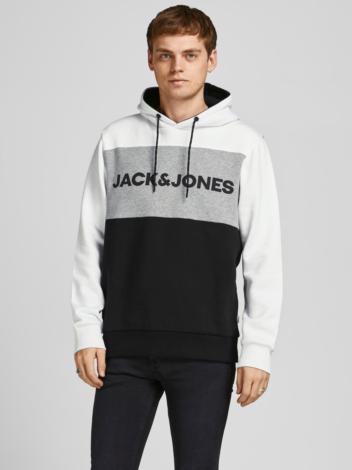 JACK & JONES FELPA CON CAPPUCCIO CON LOGO - Col. Bianco/nero