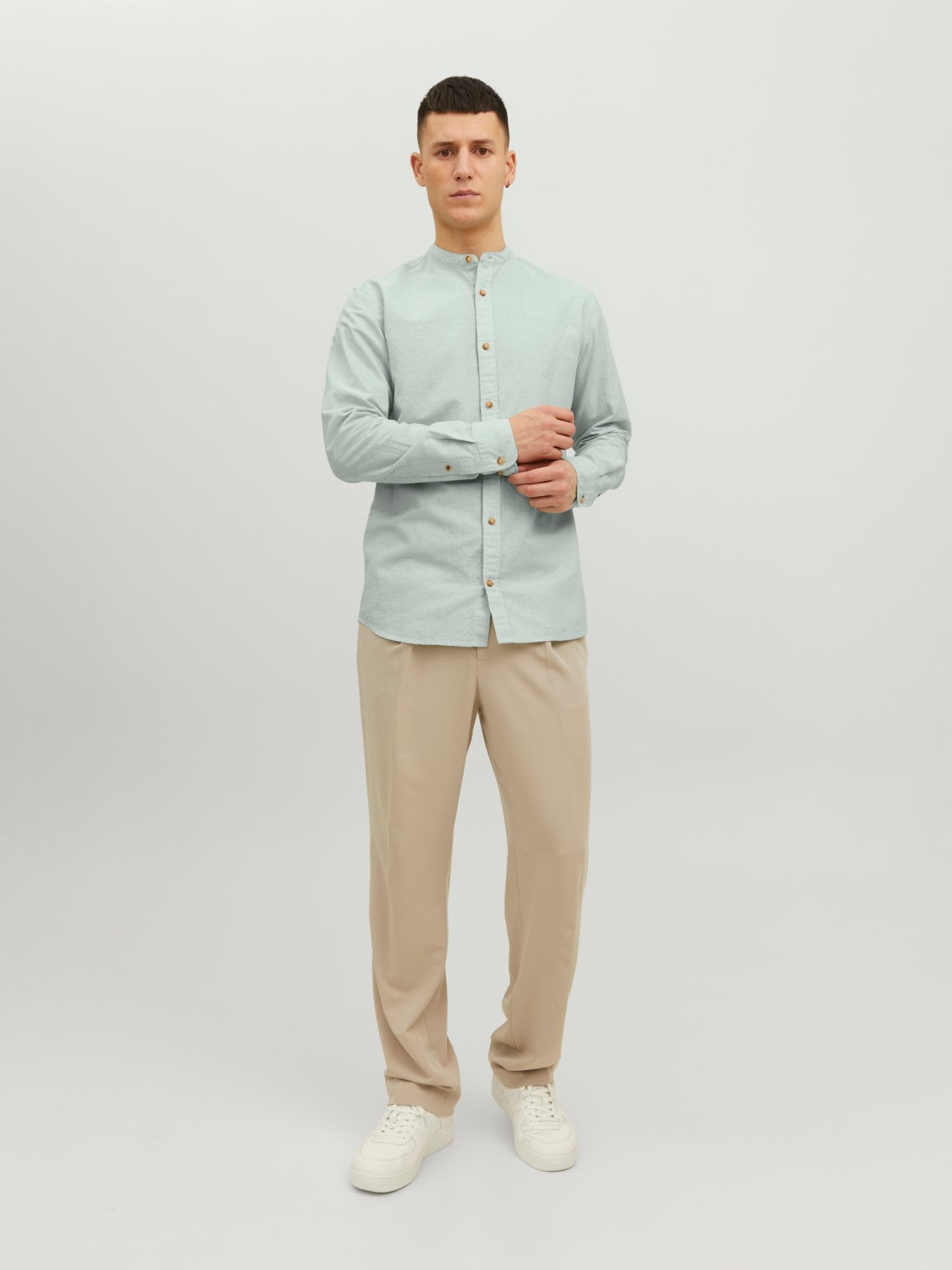 CAMICIA IN MISTO LINO CON COLLO COREANA - col. Granite green