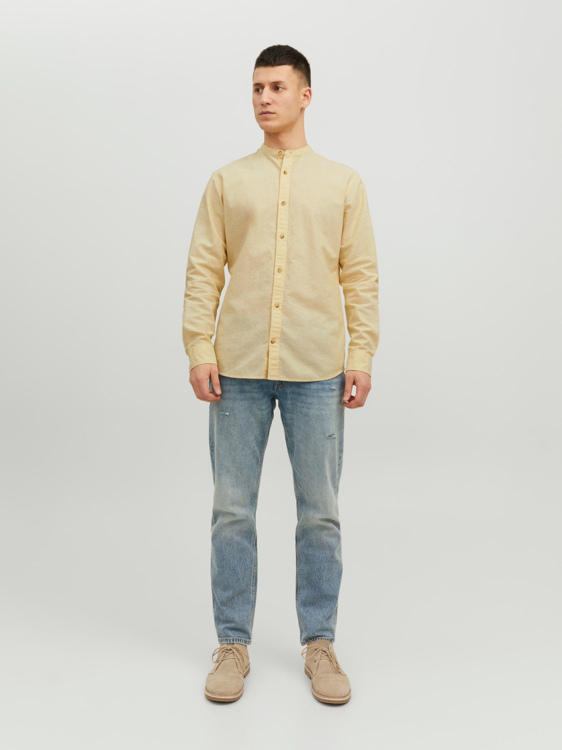 CAMICIA IN MISTO LINO CON COLLO COREANA - col. giallo