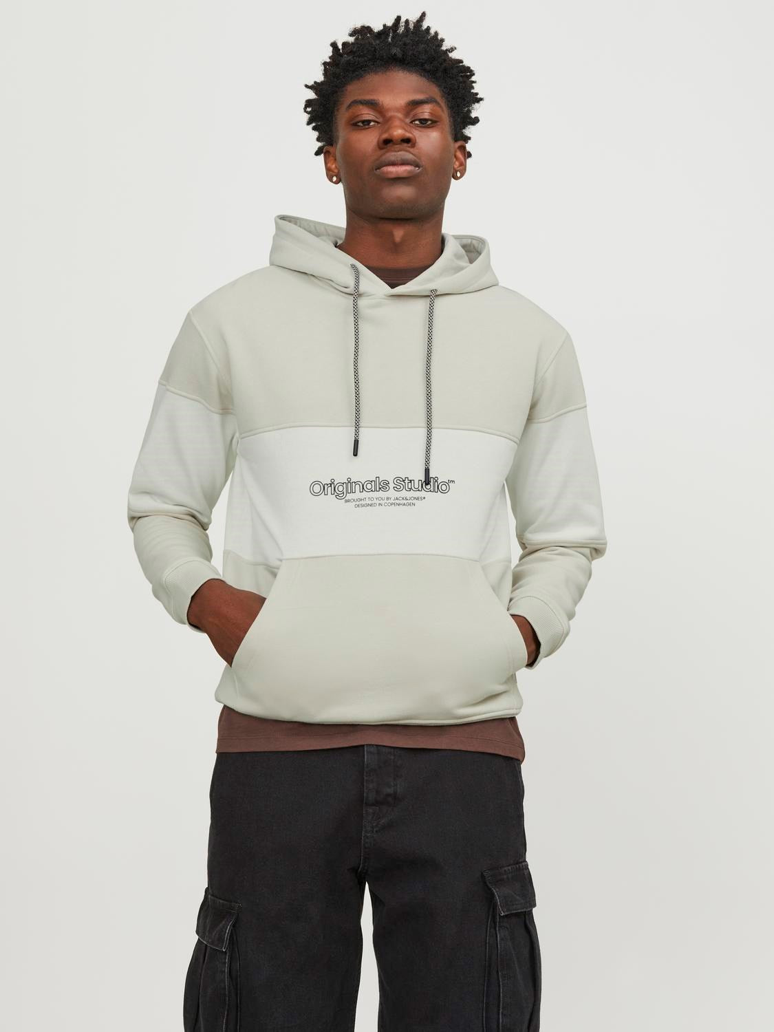 JACK & JONES FELPA CON CAPPUCCIO "BLOCKING" - Col. Beige/Bianco