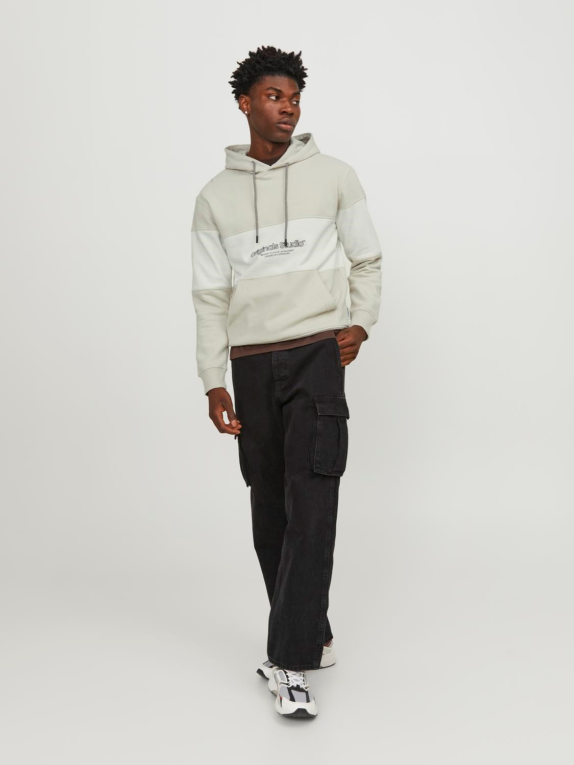 JACK & JONES FELPA CON CAPPUCCIO "BLOCKING" - Col. Beige/Bianco