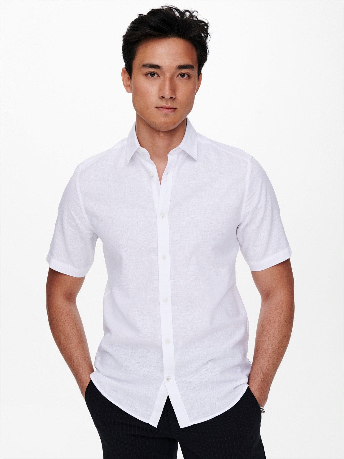 CAMICIA MANICHE CORTE IN MISTO LINO - col. Bianco