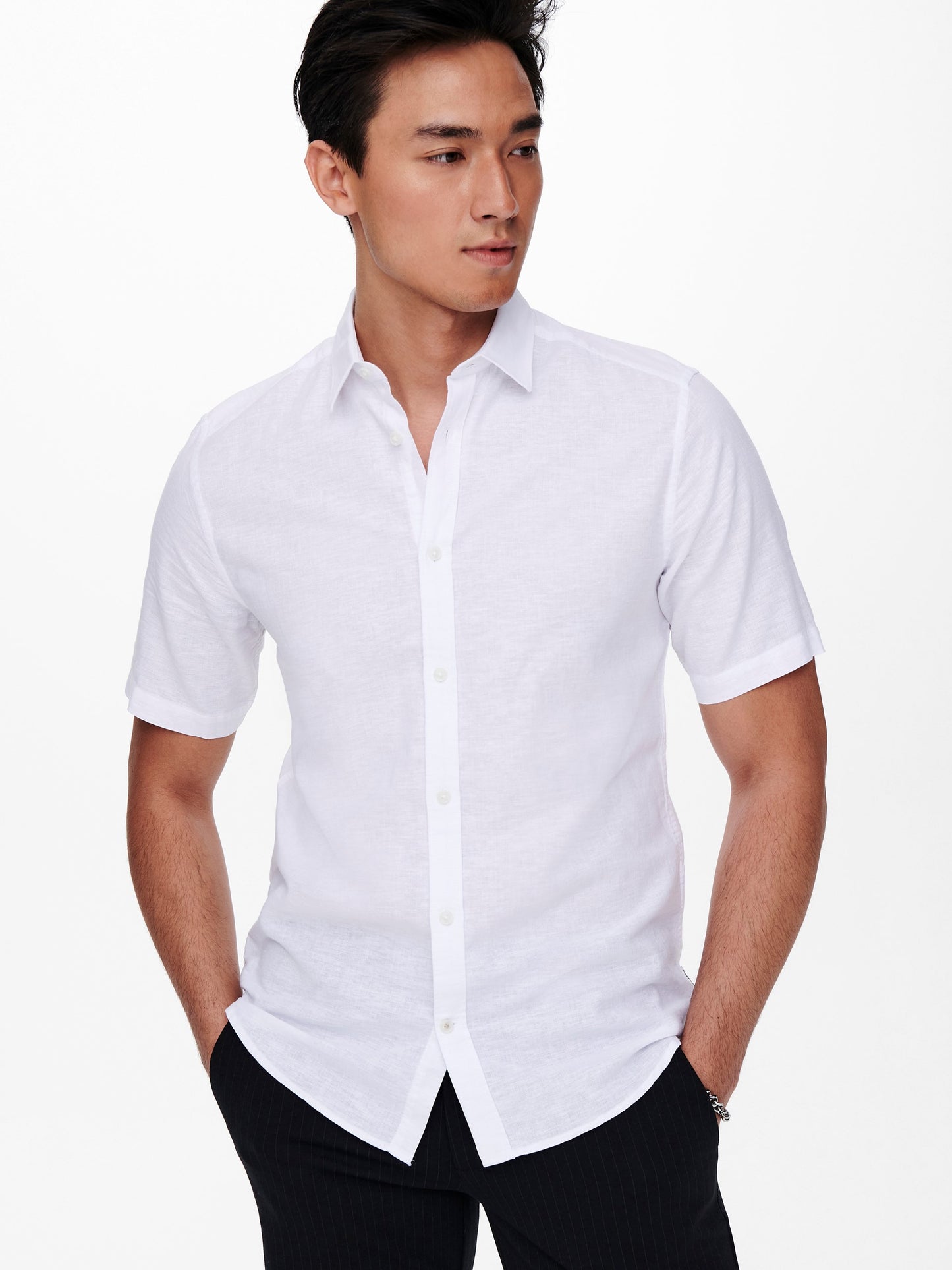 CAMICIA MANICHE CORTE IN MISTO LINO - col. Bianco