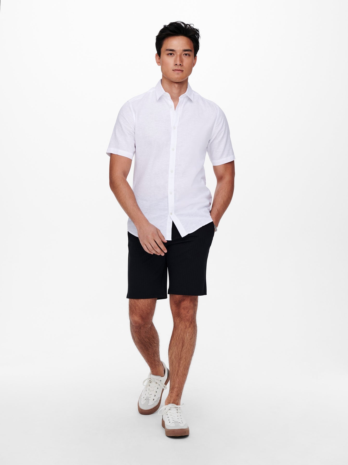 CAMICIA MANICHE CORTE IN MISTO LINO - col. Bianco