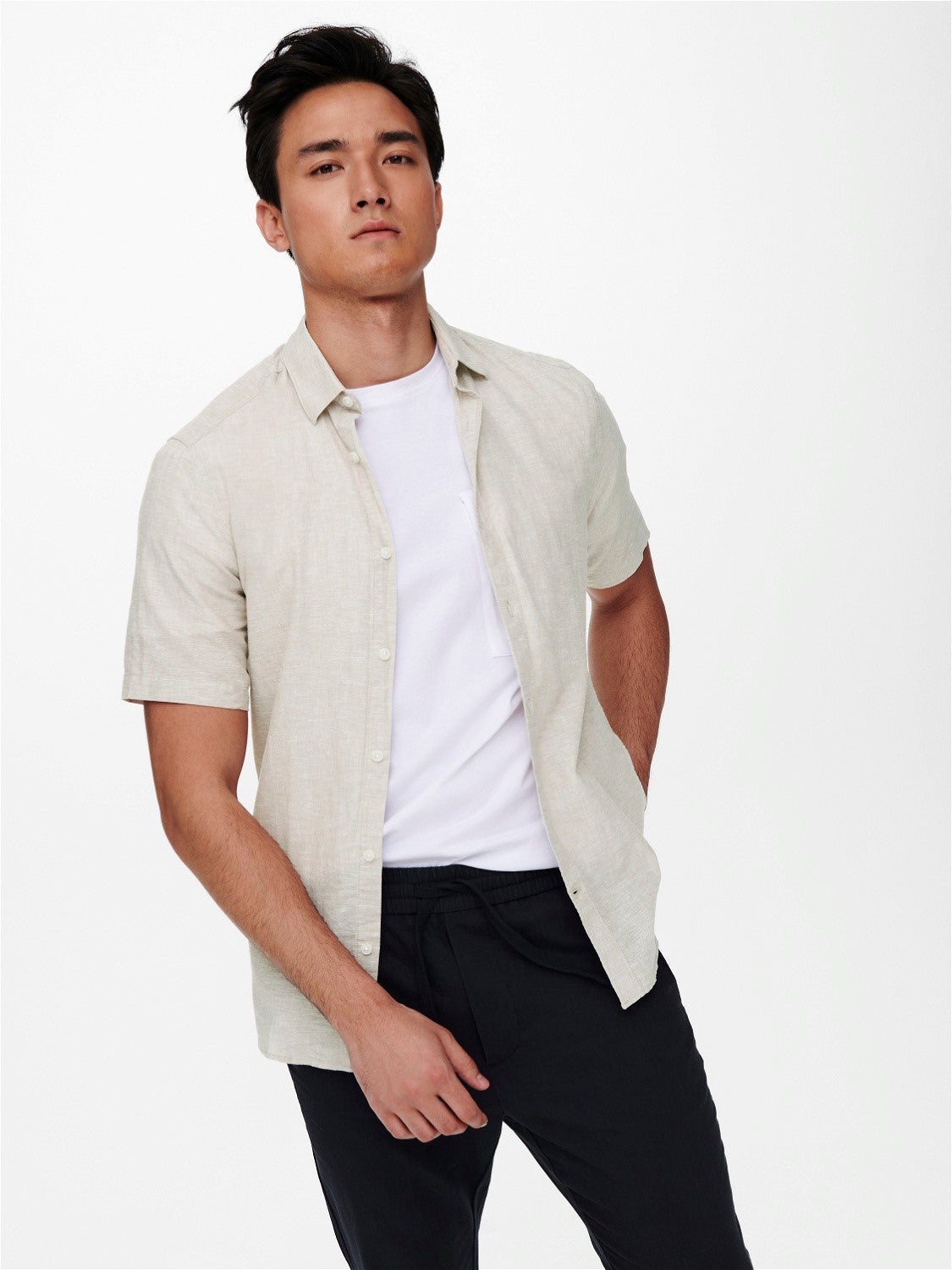 CAMICIA MANICHE CORTE IN MISTO LINO - col. Beige