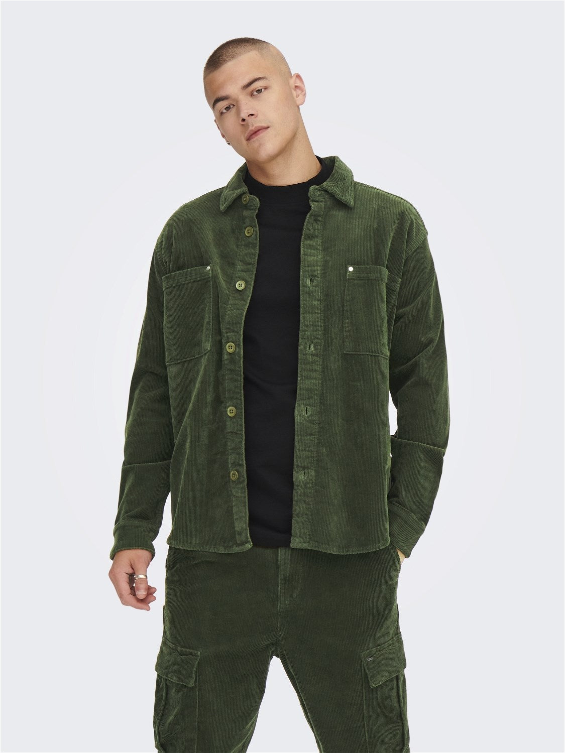 ONLY & SONS CAMICIA IN VELLUTO A COSTE - col. Verde scuro