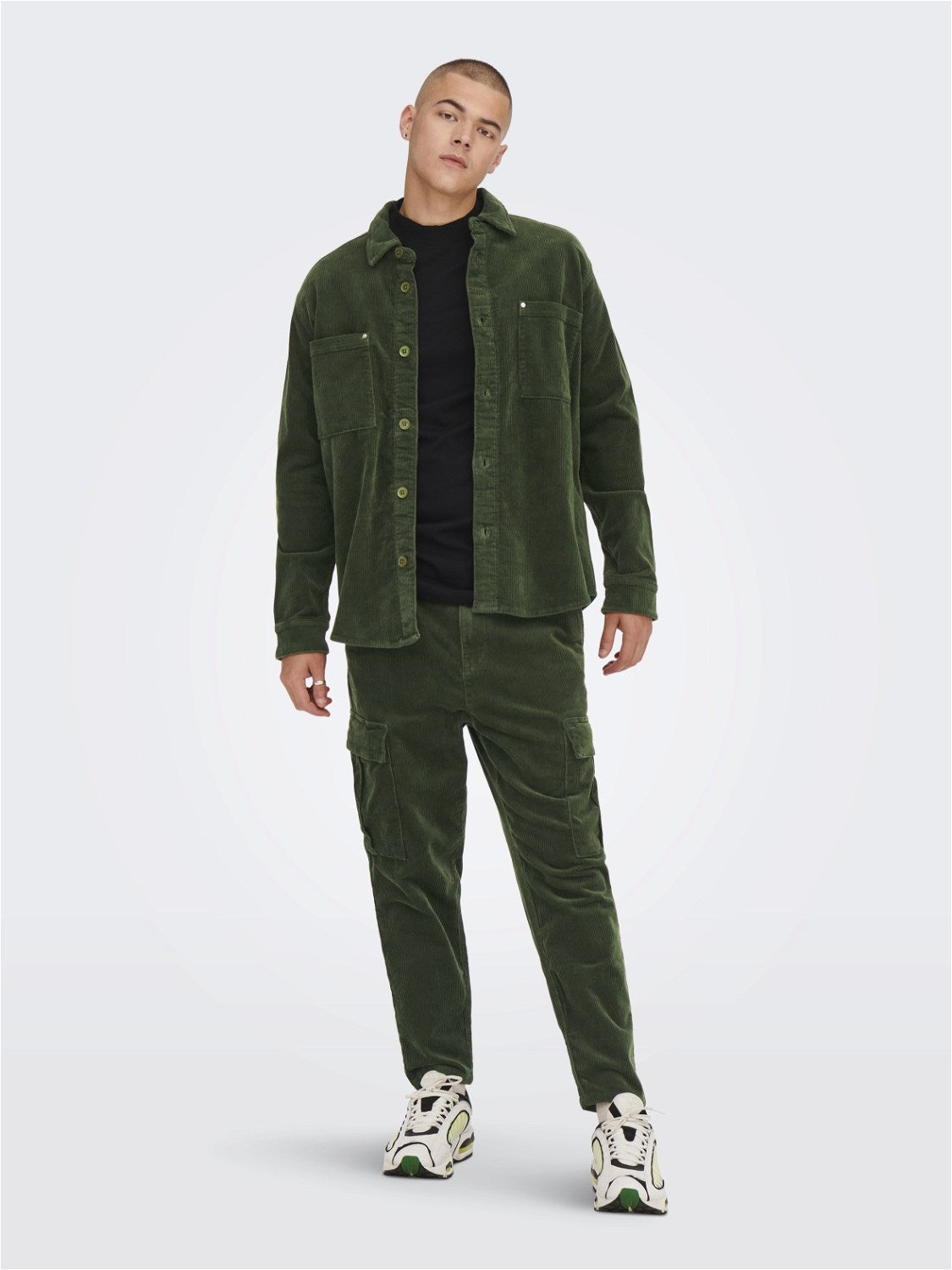 ONLY & SONS CAMICIA IN VELLUTO A COSTE - col. Verde scuro