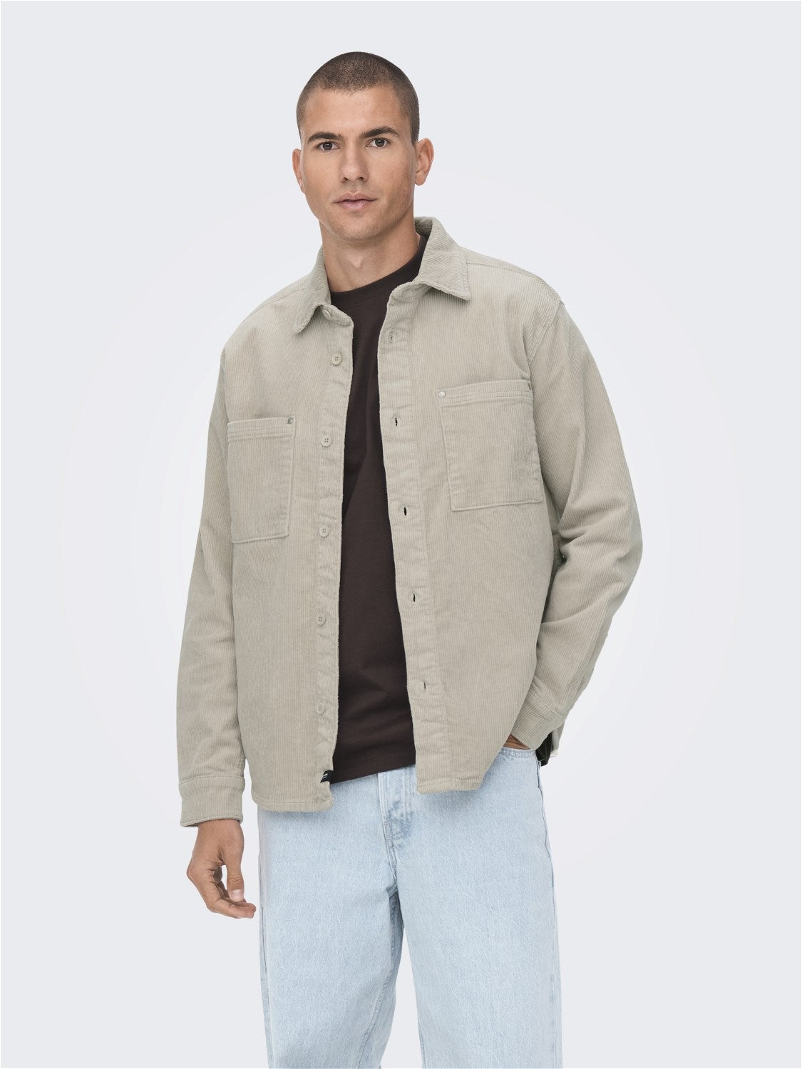 ONLY & SONS CAMICIA IN VELLUTO A COSTE - col. Gigio chiaro