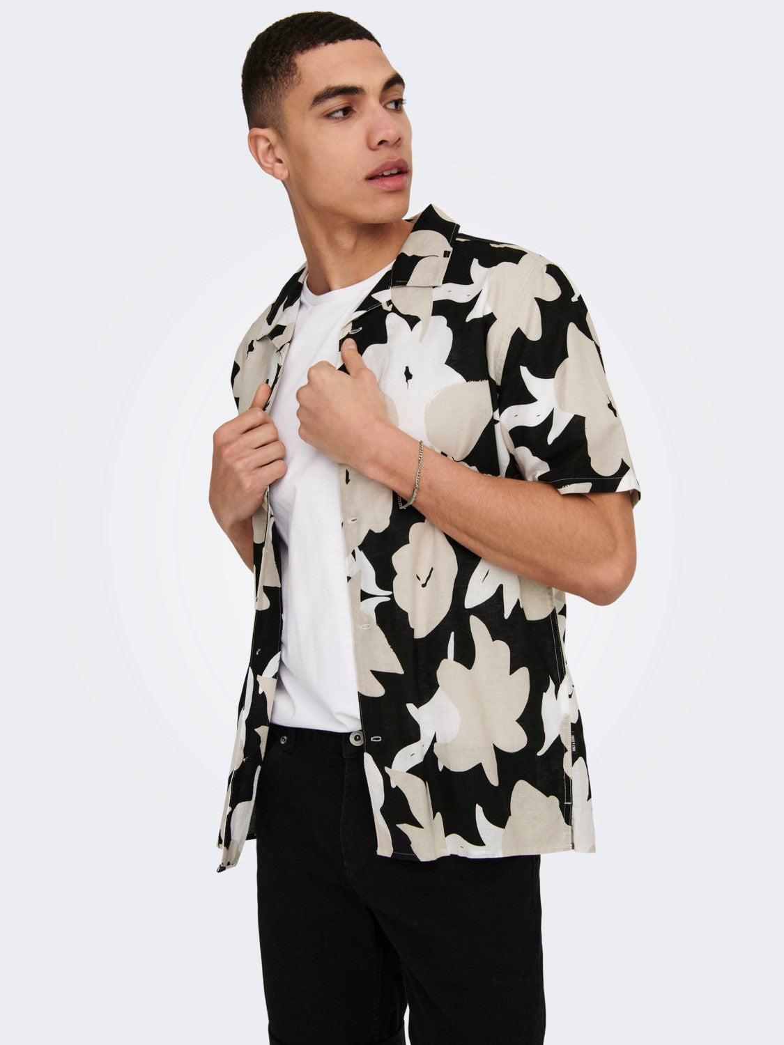 CAMICIA FLOREALE MISTO LINO - Black