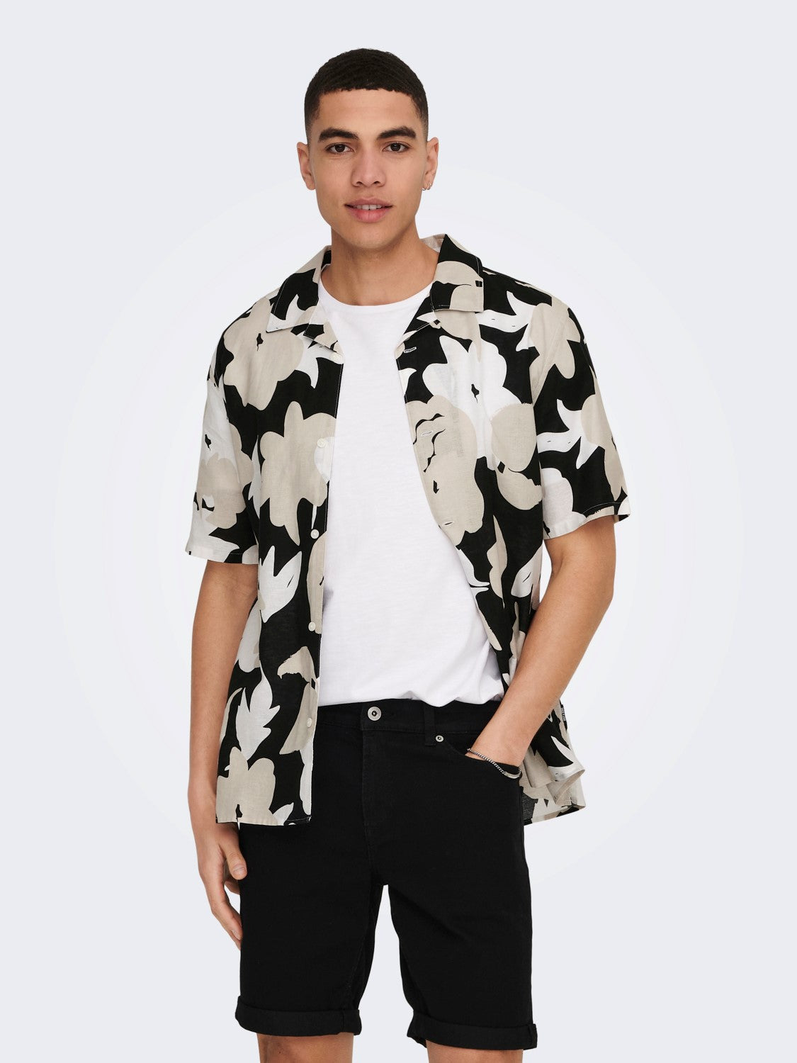 CAMICIA FLOREALE MISTO LINO - Black