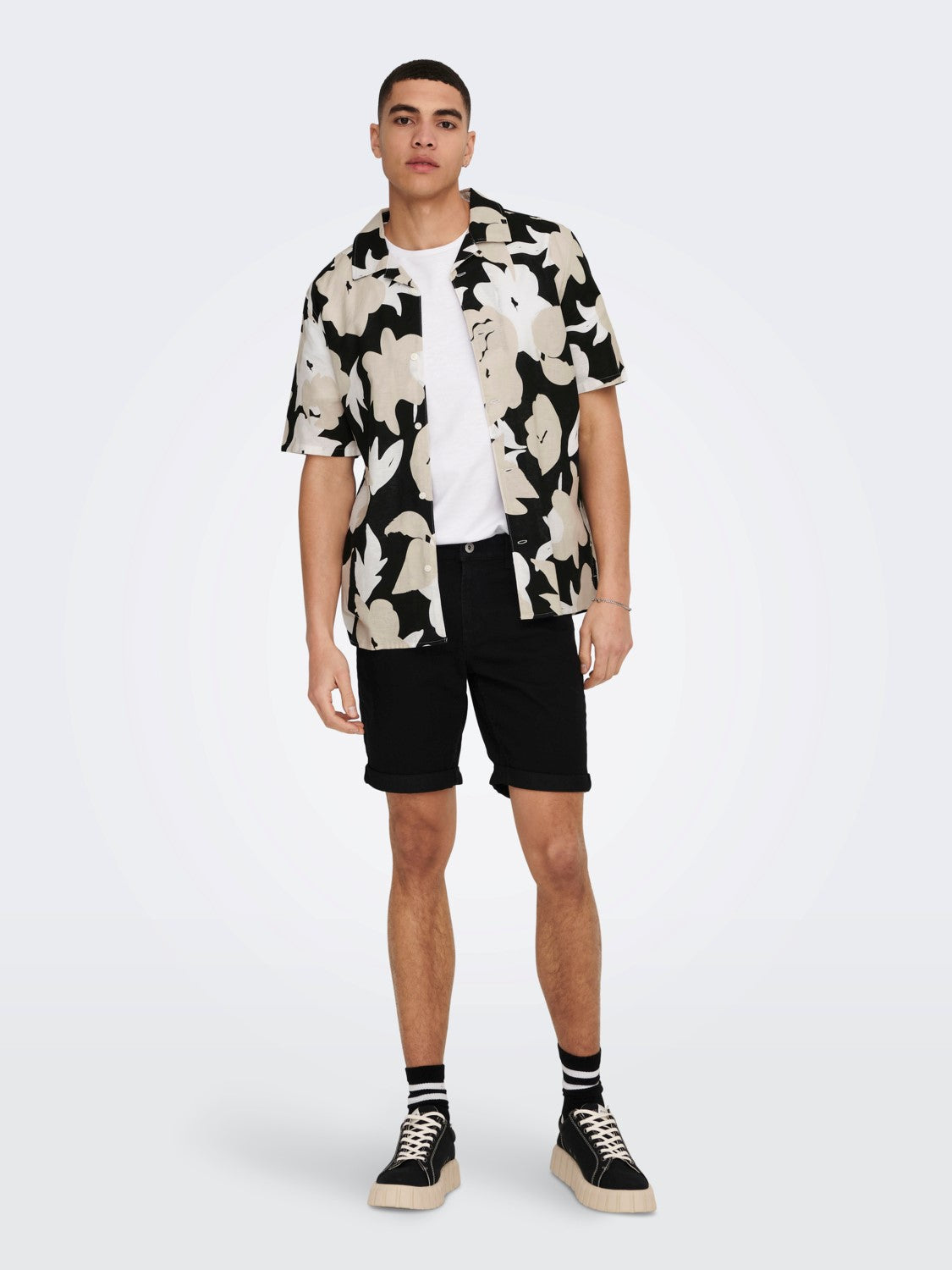 CAMICIA FLOREALE MISTO LINO - Black