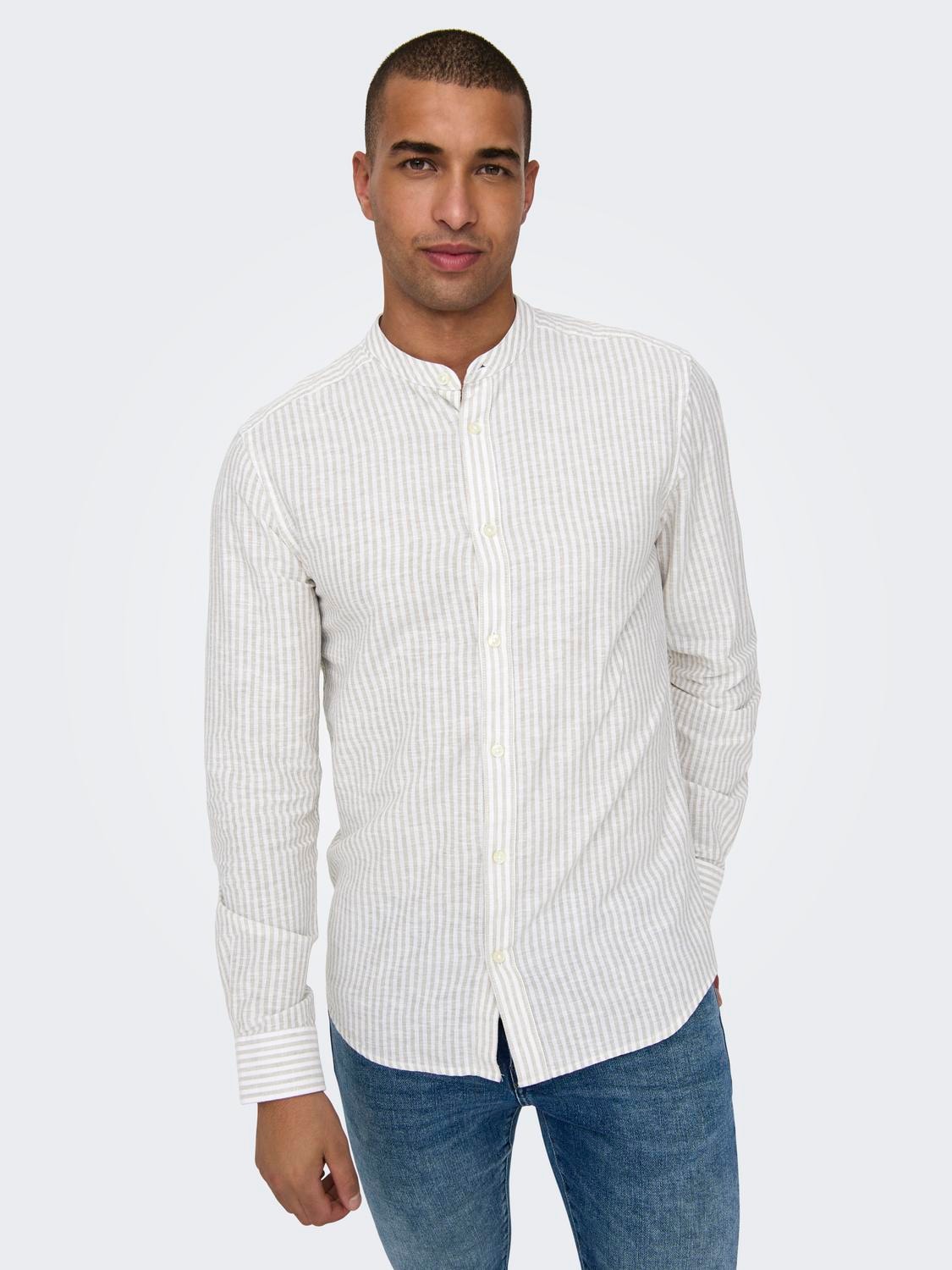 CAMICIA IN MISTO LINO CON COLLO COREANA - col. Beige/bianco