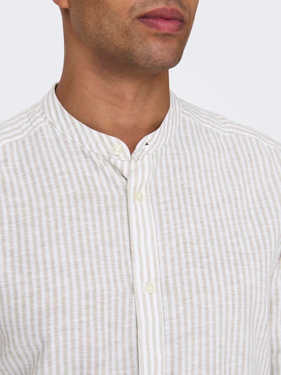 CAMICIA IN MISTO LINO CON COLLO COREANA - col. Beige/bianco