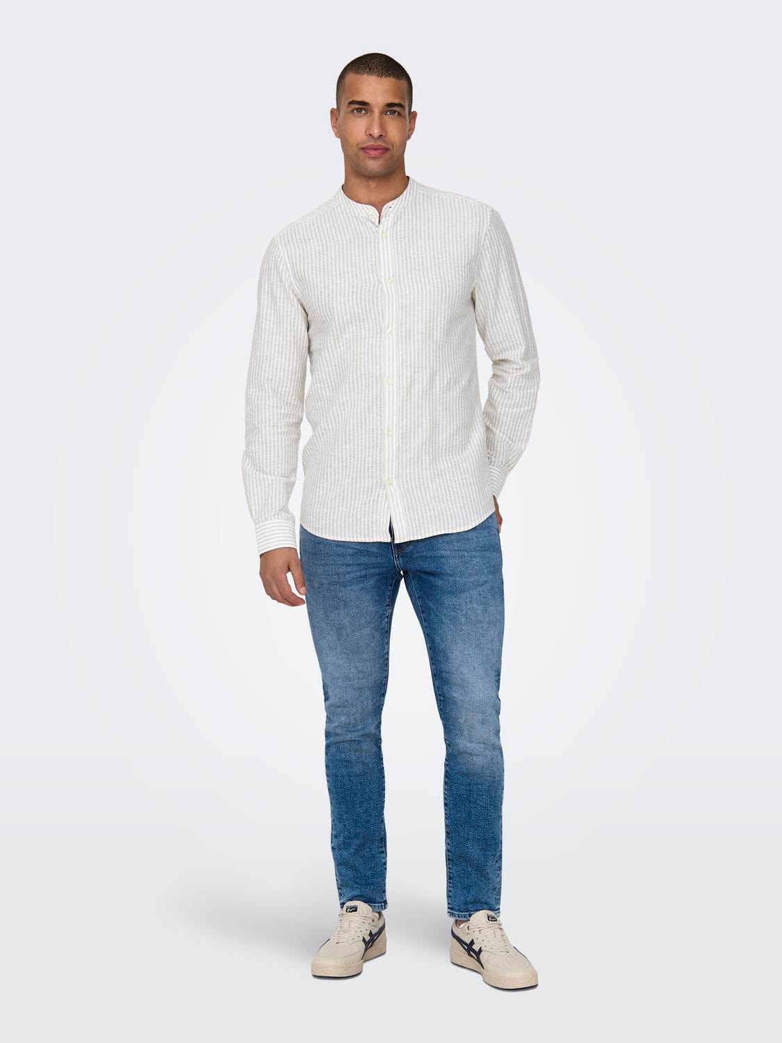 CAMICIA IN MISTO LINO CON COLLO COREANA - col. Beige/bianco