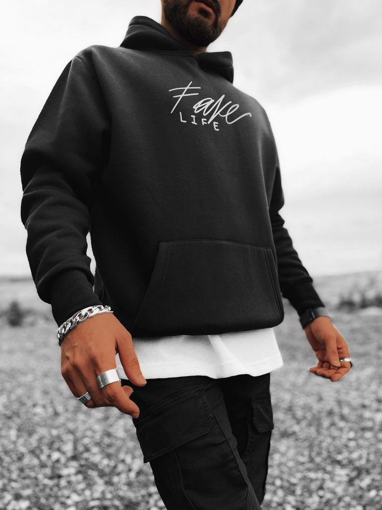 FELPA CON CAPPUCCIO FAKE LIFE BLACK