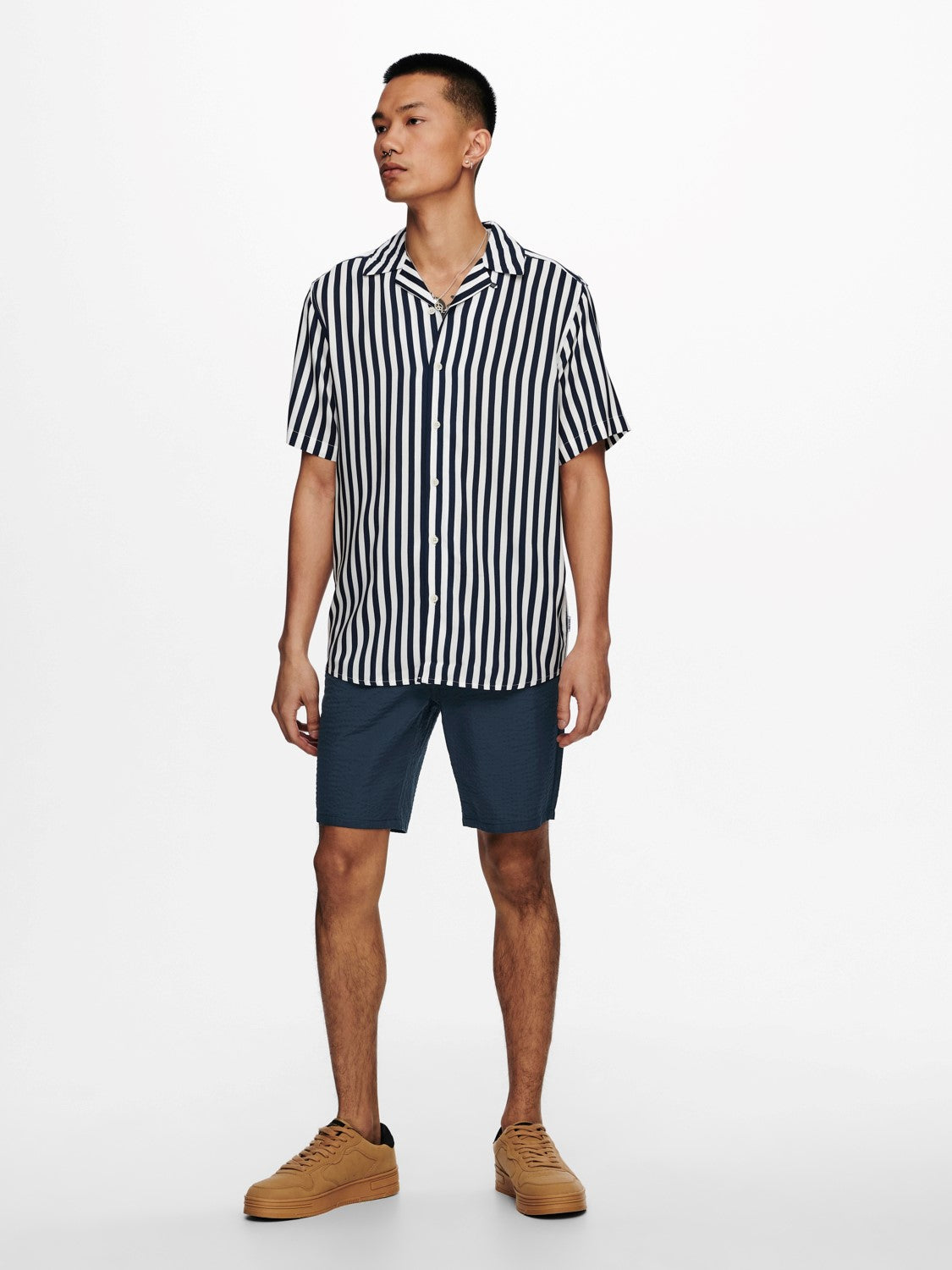 CAMICIA A RIGHE IN VISCOSA A MANICHE CORTE - Blu