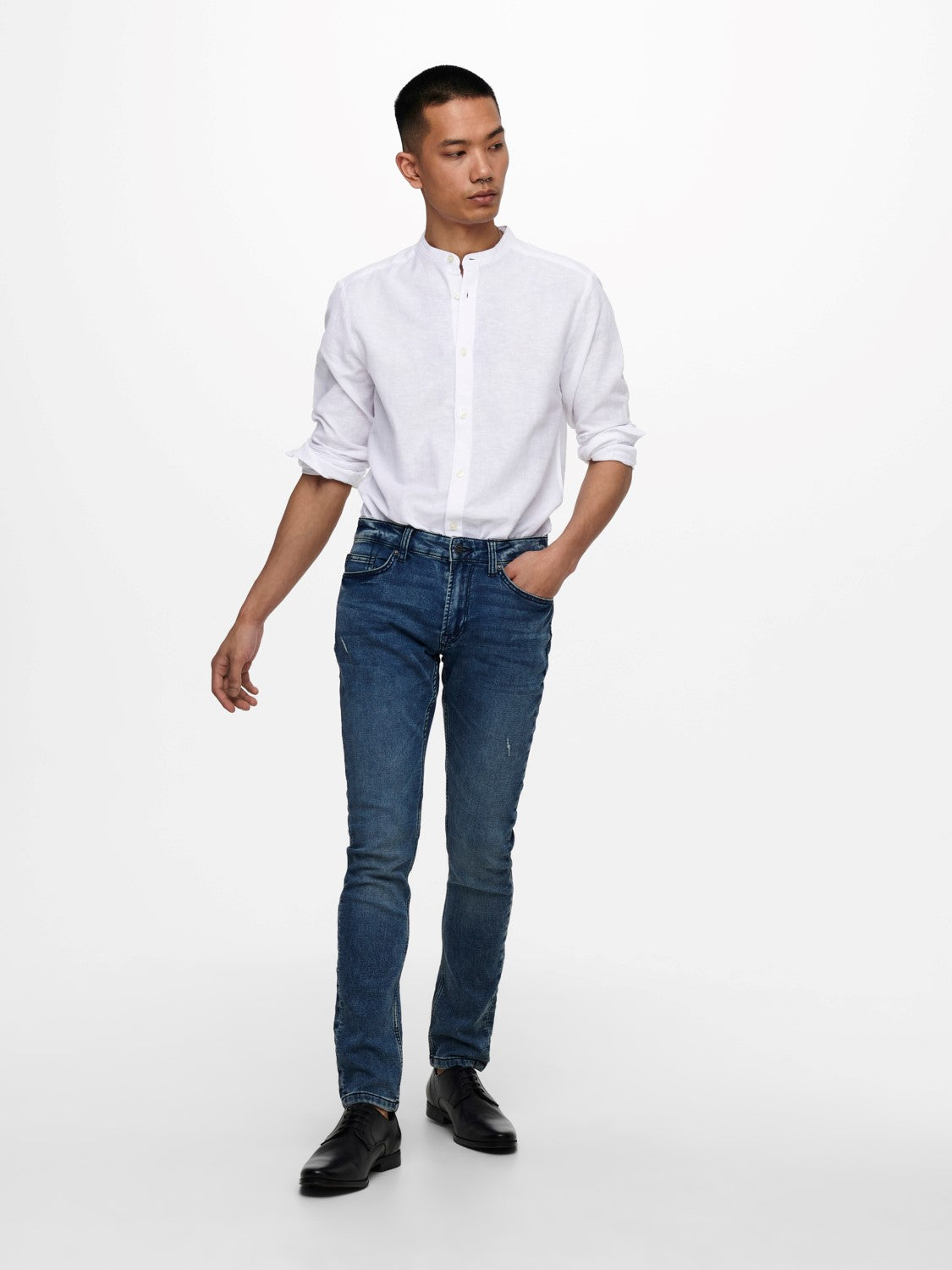 CAMICIA IN MISTO LINO CON COLLO COREANA - col. bianco