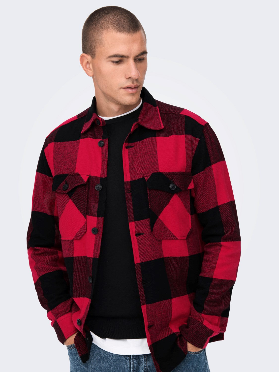 CAMICIA IN FLANELLA A QUADRI CON TASCHE - col. rosso e nero
