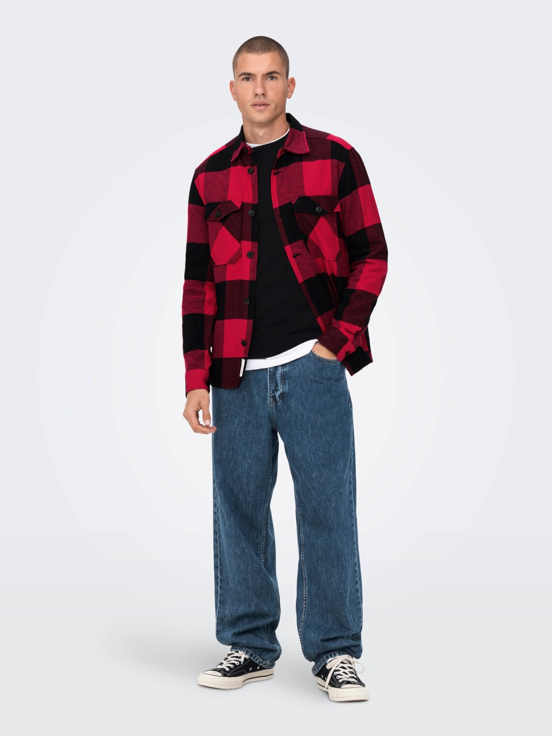 CAMICIA IN FLANELLA A QUADRI CON TASCHE - col. rosso e nero