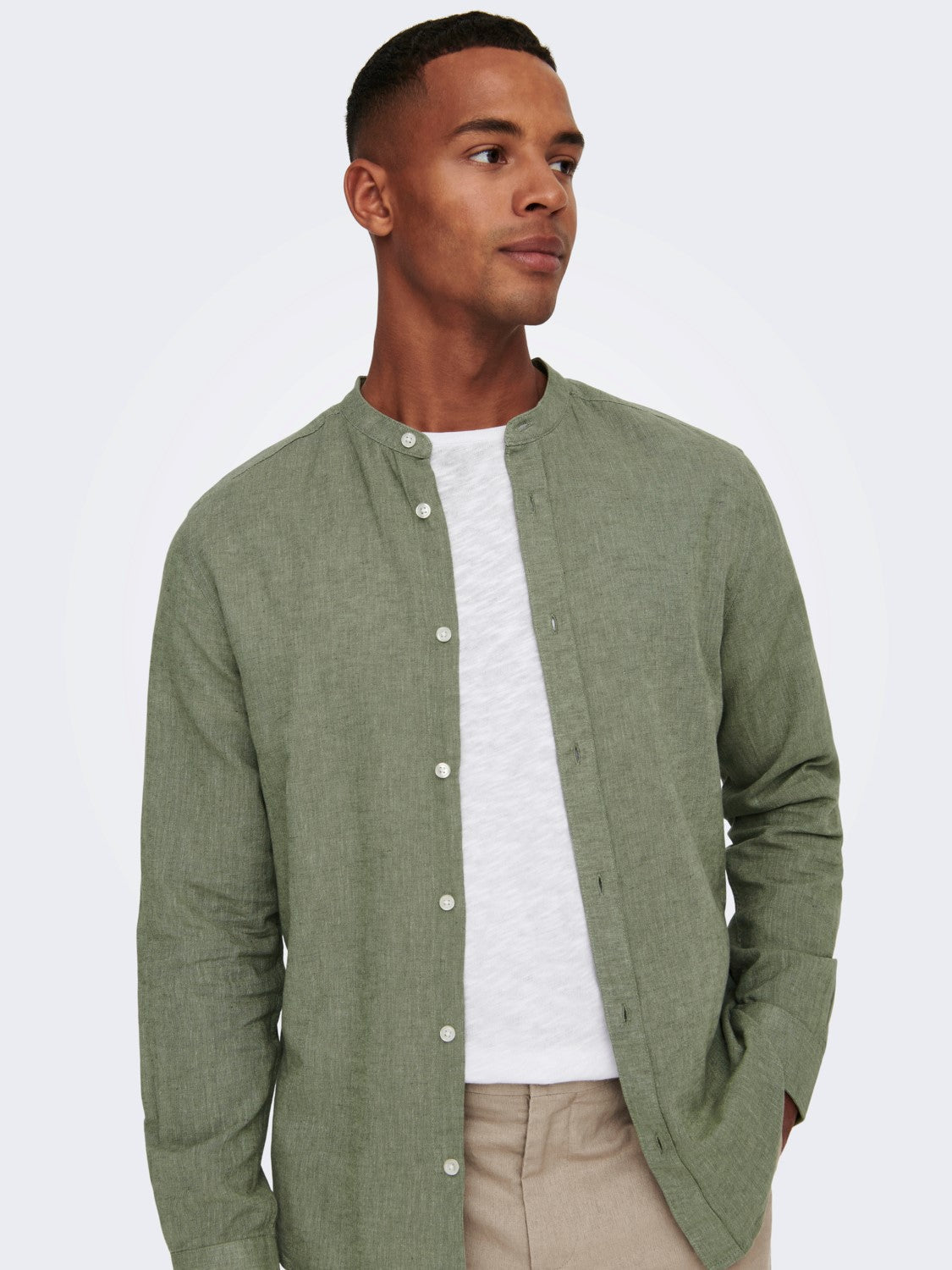 CAMICIA IN MISTO LINO CON COLLO COREANA - col. Swamp