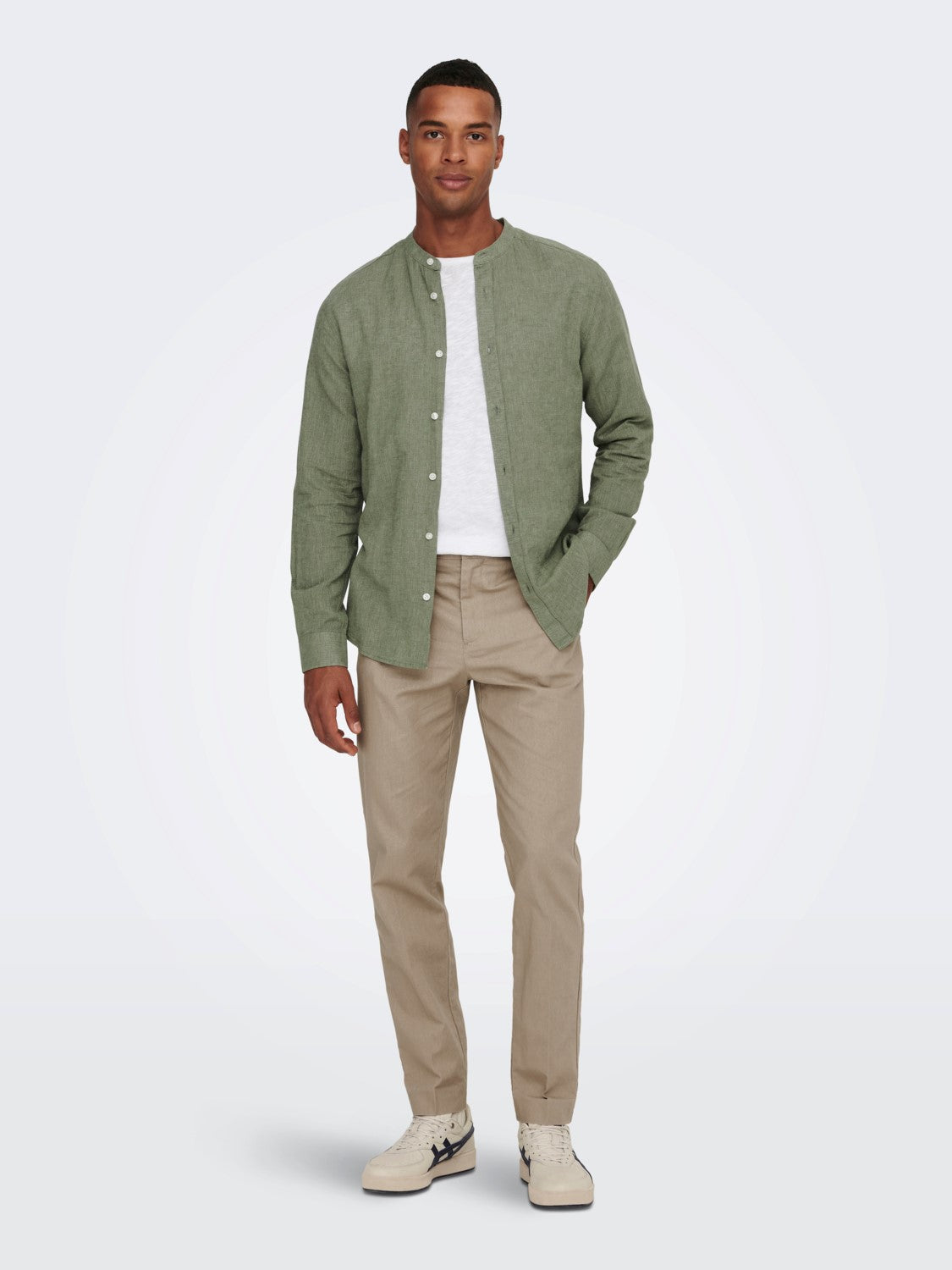 CAMICIA IN MISTO LINO CON COLLO COREANA - col. Swamp