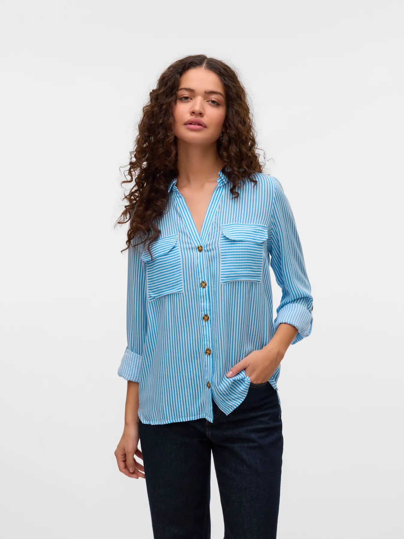 VERO MODA Camicia da donna a righe VMBUMPY - Col. bianco/azzurro
