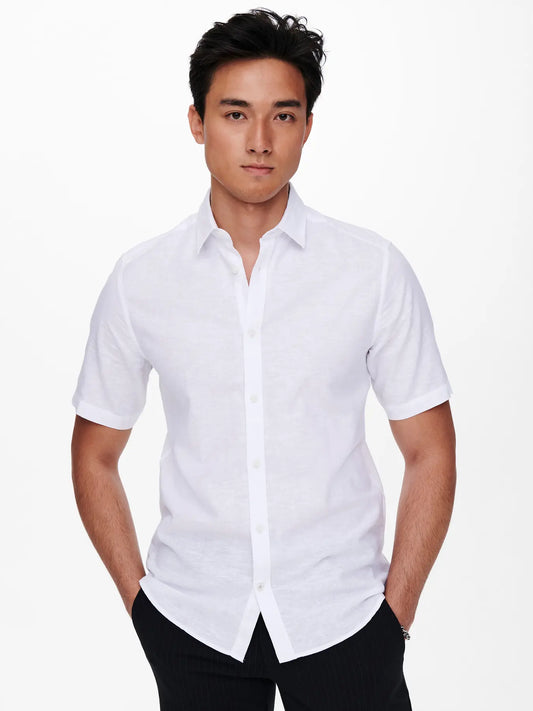 CAMICIA A MANICHE CORTE IN MISTO LINO SLIM FIT - col. Bianco