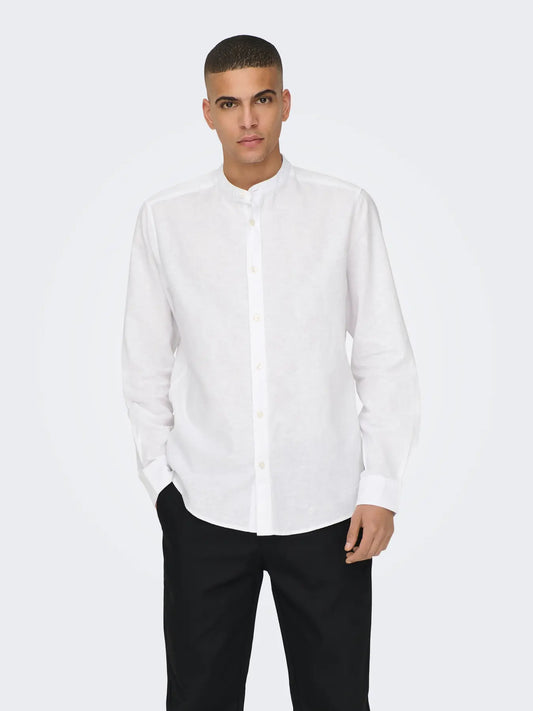 CAMICIA IN MISTO LINO CON COLLO COREANA - col. Bianco