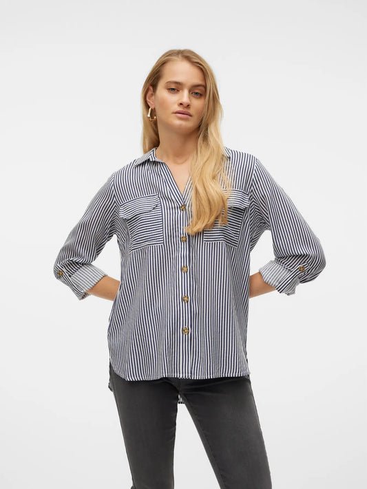 VERO MODA Camicia da donna a righe VMBUMPY - Col. bianco/blu