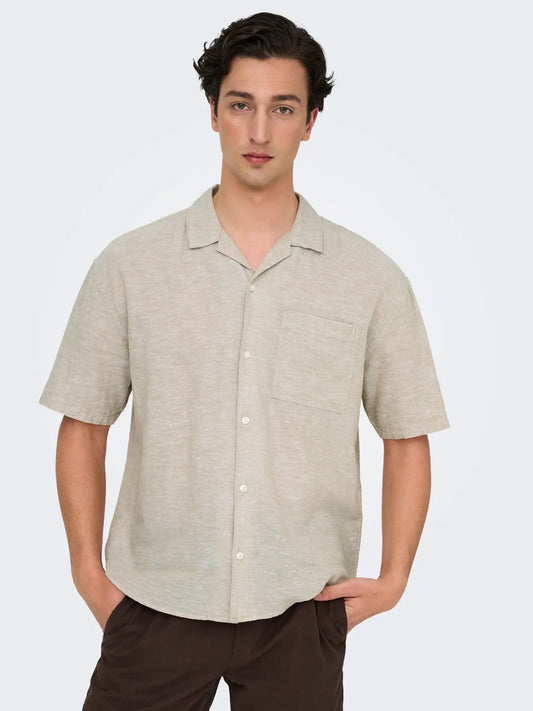 CAMICIA A MANICHE CORTE IN MISTO LINO RELAXED FIT - col. Beige