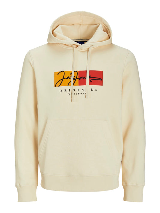 JACK & JONES FELPA CON CAPPUCCIO "BOX SCRIPT" - Bianco Panna