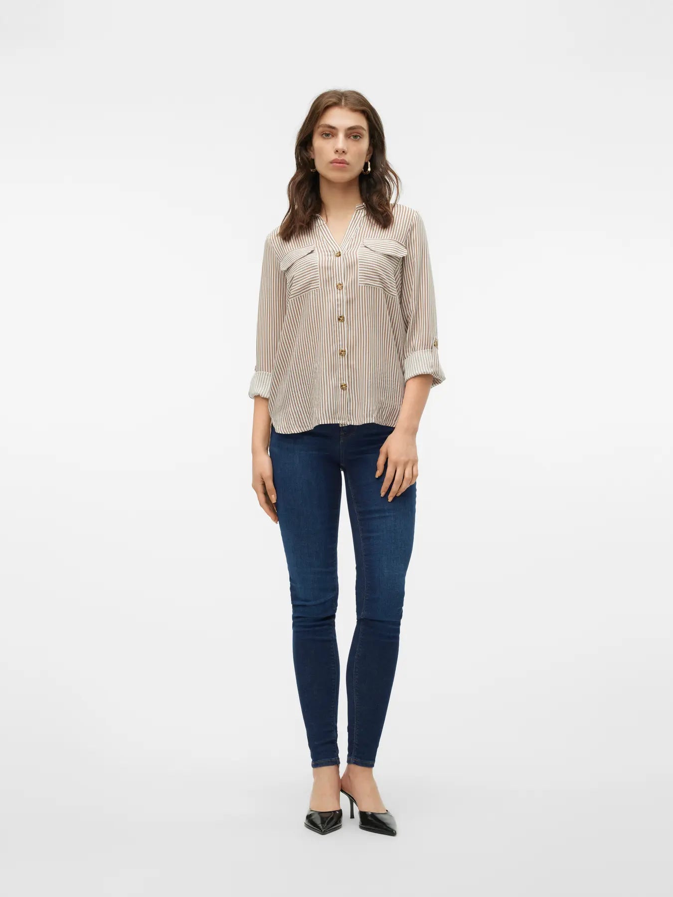 VERO MODA Camicia da donna a righe VMBUMPY - Marrone chiaro