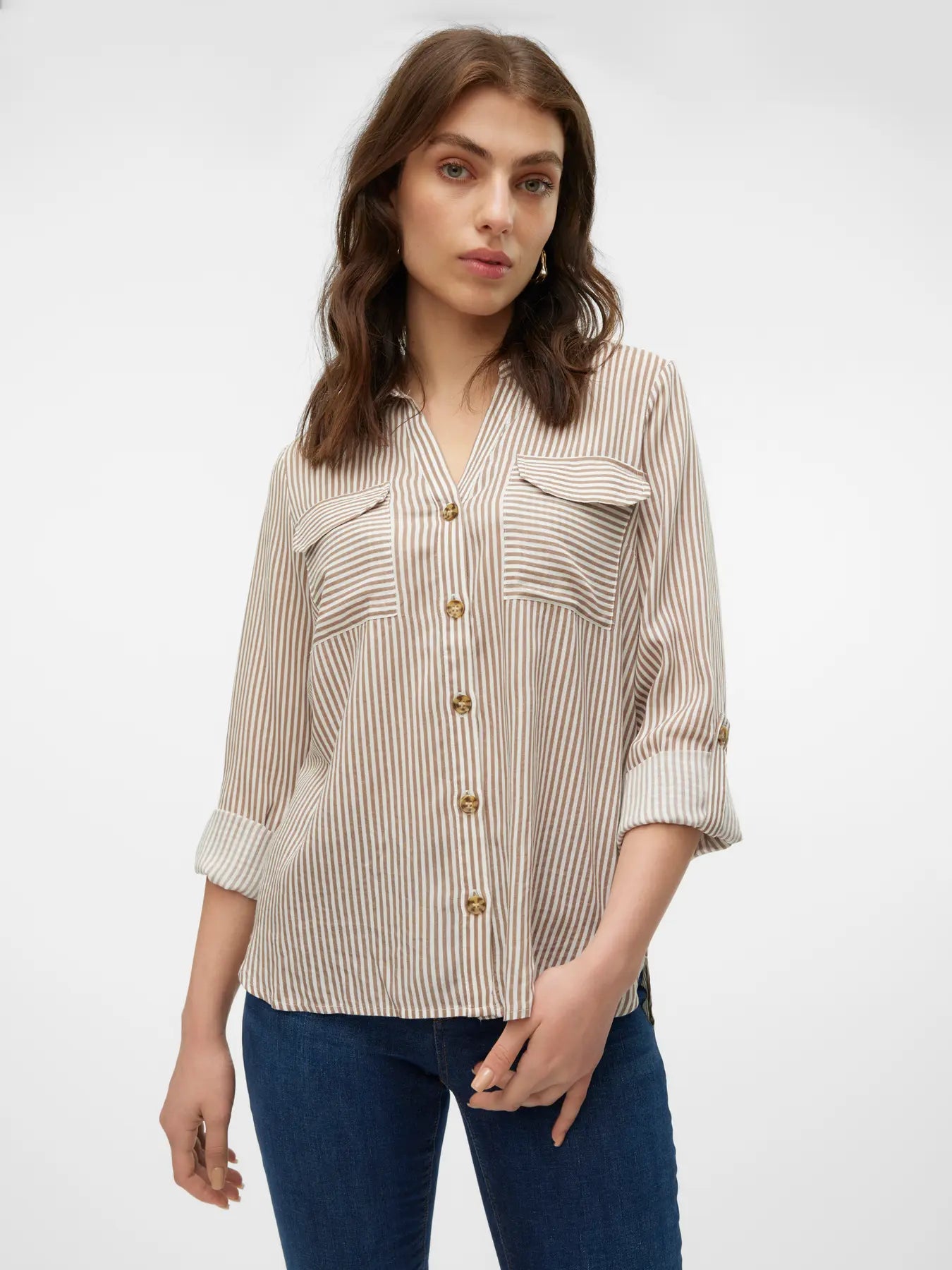 VERO MODA Camicia da donna a righe VMBUMPY - Marrone chiaro