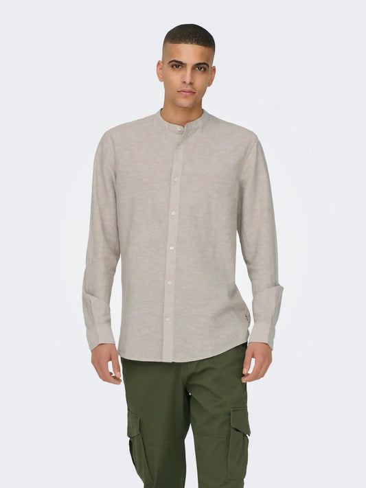 CAMICIA IN MISTO LINO CON COLLO COREANA - col. beige