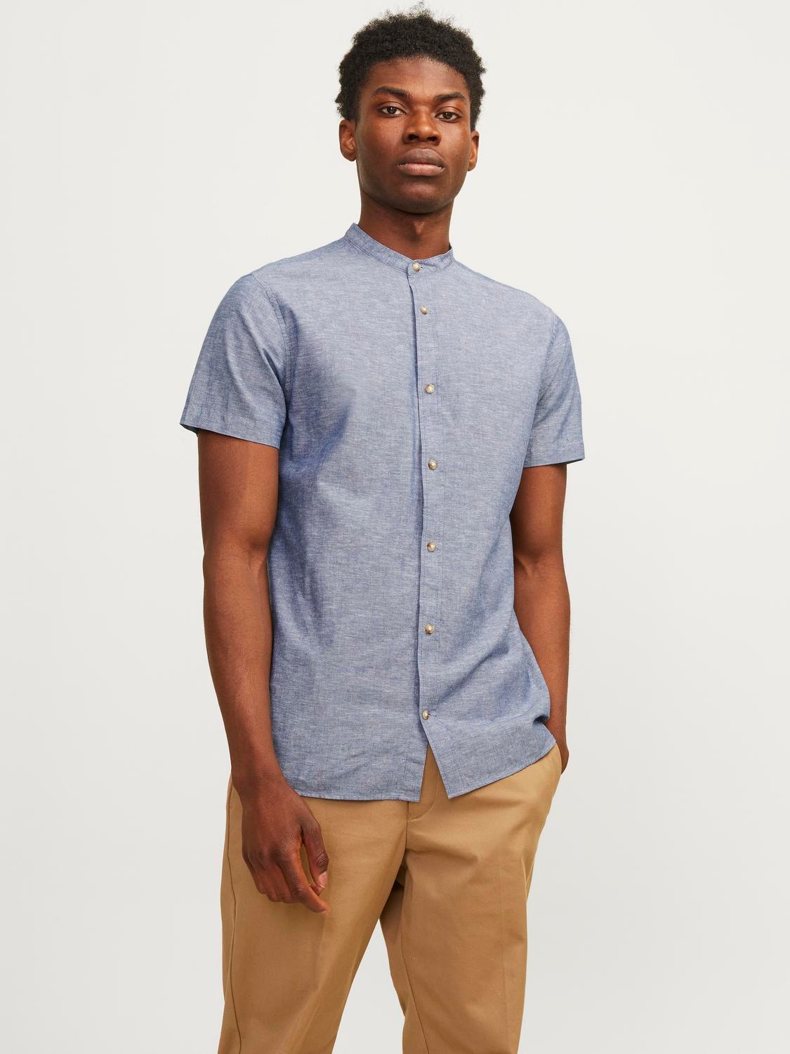 JACK & JONES CAMICIA IN MISTO LINO COLLO COREANA - Col. Faded denim