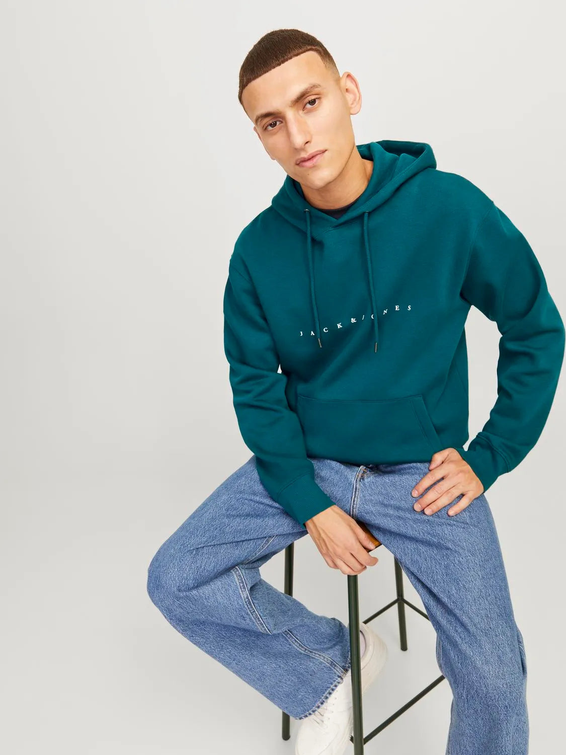 JACK & JONES FELPA CON CAPPUCCIO "ESSENTIALS" - Col. Deep Teal