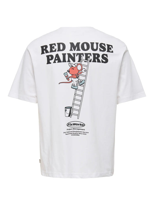 ONLY & SONS T-SHIRT RED MOUSE PAINTERS - Col. bianco