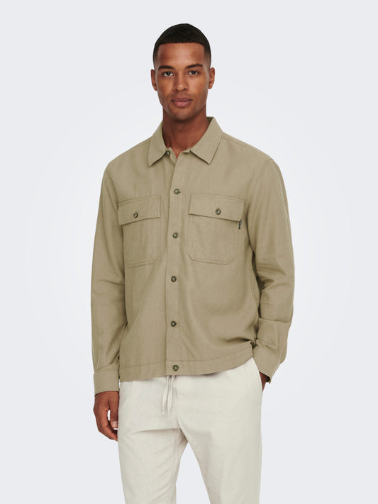 ONLY & SONS CAMICIA IN MISTO LINO CON TASCHE - Col. Beige