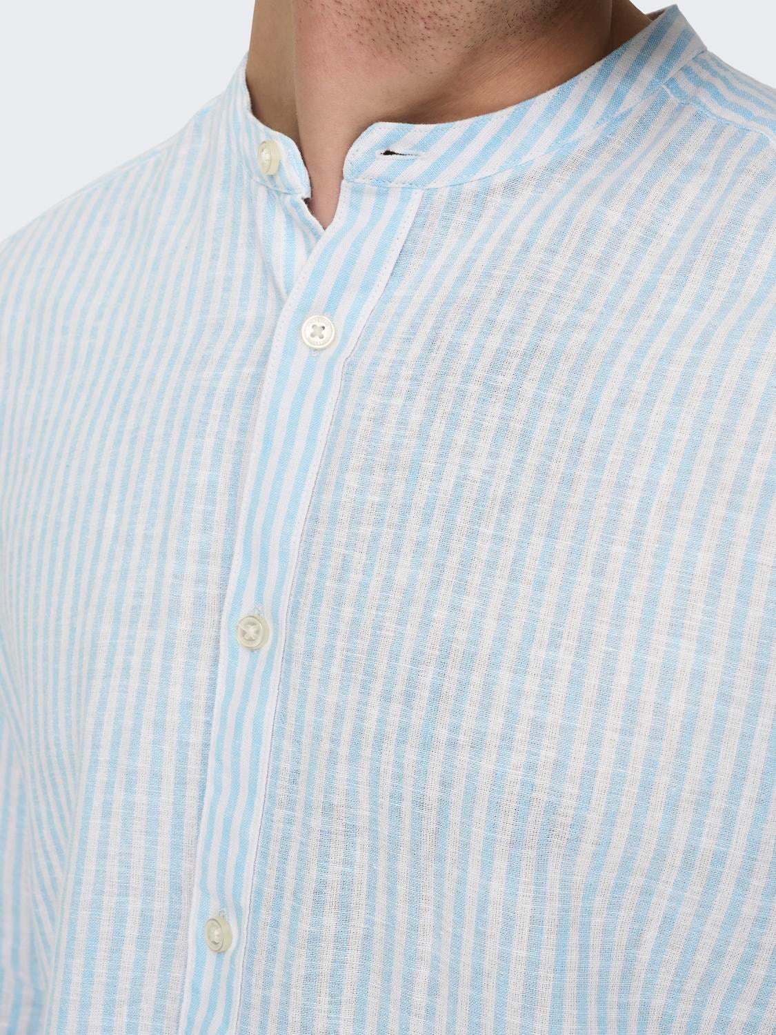 CAMICIA IN MISTO LINO CON COLLO COREANA - col. Azzurro/bianco