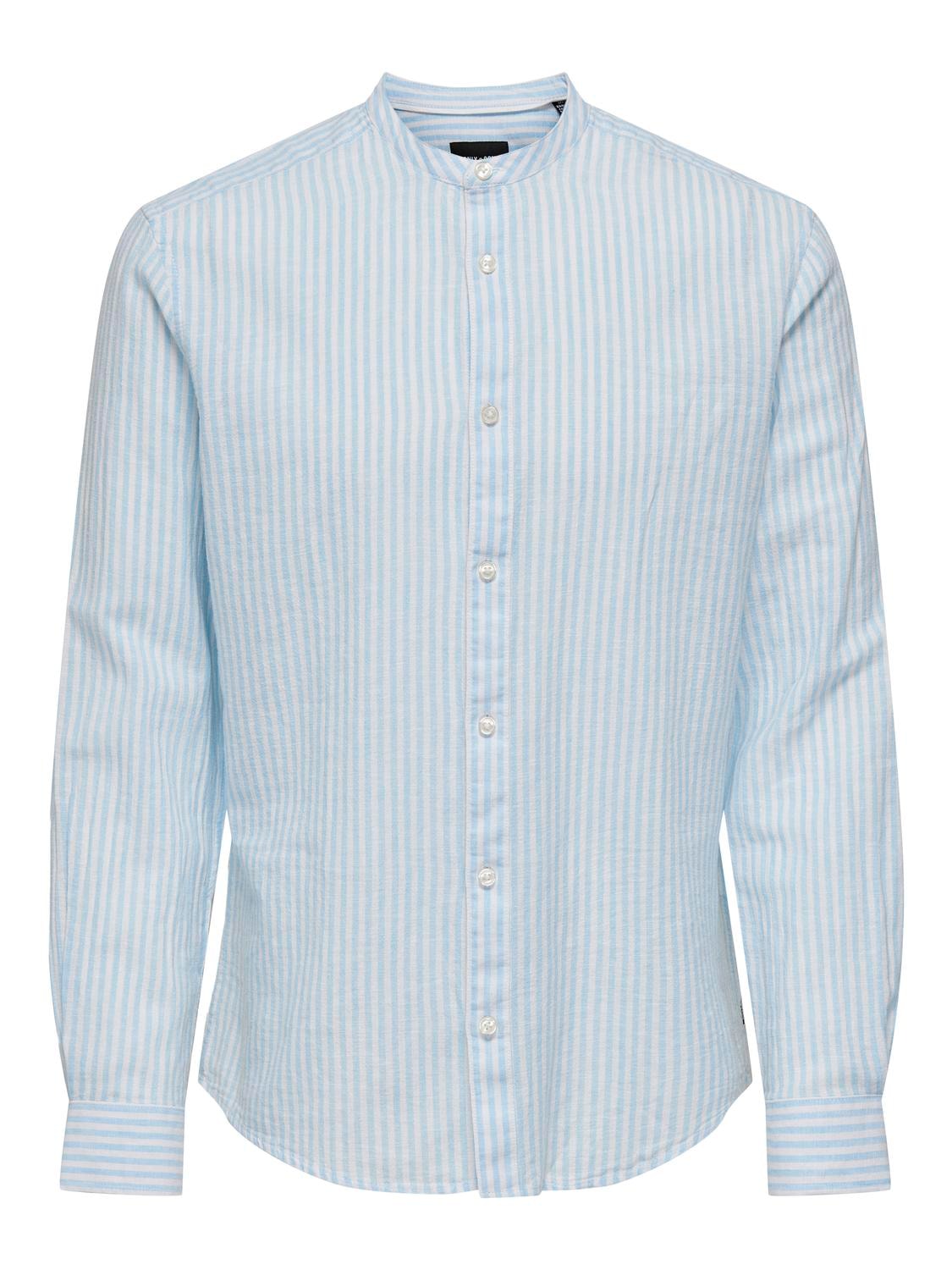 CAMICIA IN MISTO LINO CON COLLO COREANA - col. Azzurro/bianco